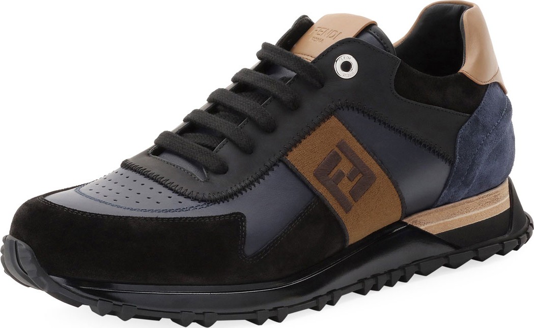 Fendi Men's FF Embroidered-Stripe Leather Runner Sneakers