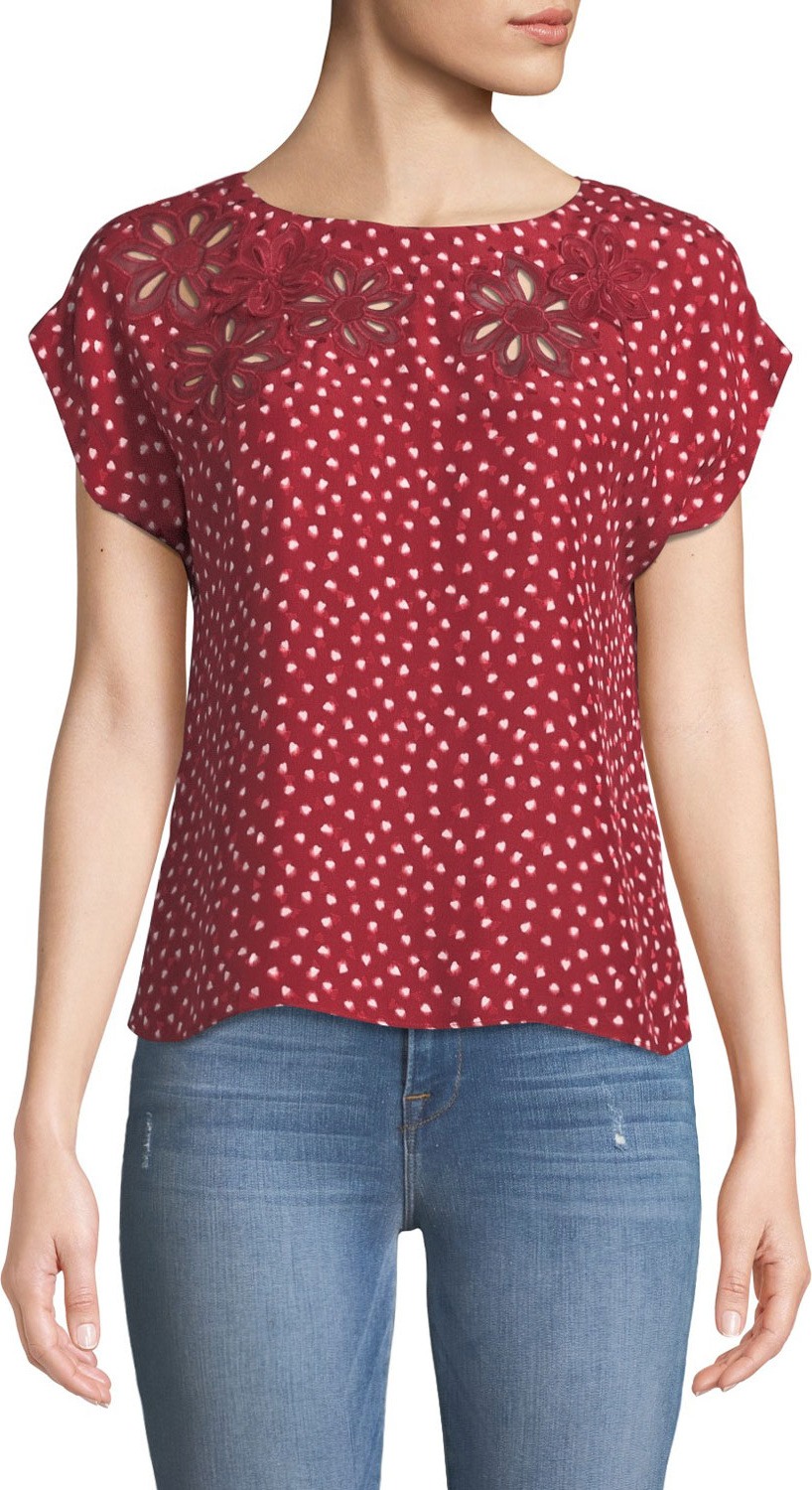 Rebecca Taylor Sleeveless 3-D Floral Heart-Print Silk Blouse