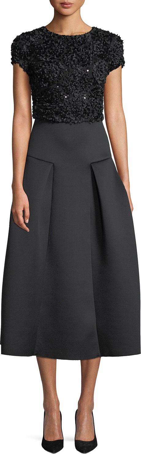 Emporio Armani Cap-Sleeve Fit-and-Flare Cocktail Dress w/ Embellished Top & Neoprene Skirt