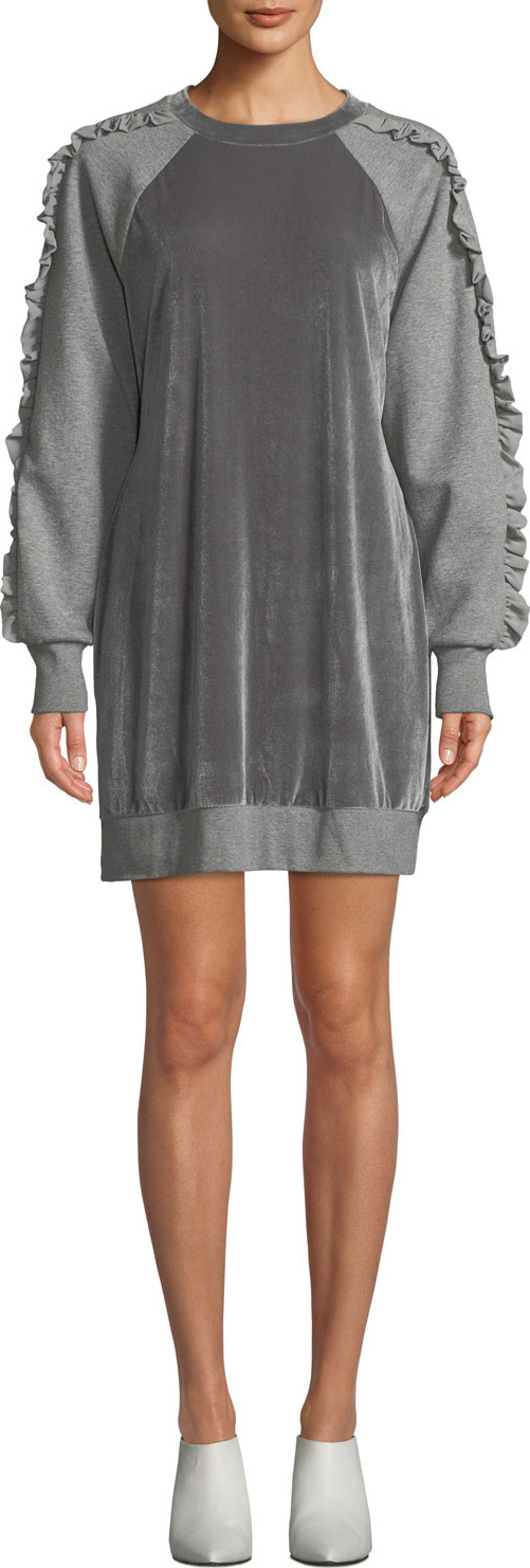 Elie Tahari Destine Crewneck Velvet Combo Knit Dress w/ Ruffled Trim Elie Tahari Destine Crewneck Velvet Combo Knit Dress w/ Ruffled Trim
