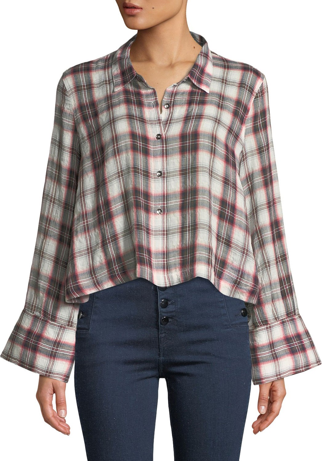 Splendid Boxy Plaid Cropped Button-Down Top