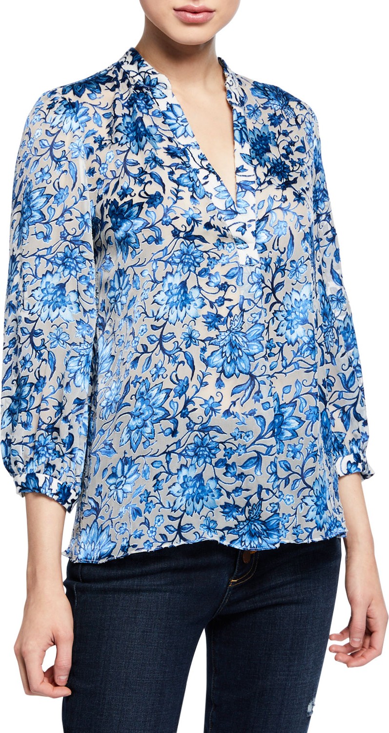 Alice + Olivia Sheila Blouson-Sleeve Henley Top Alice + Olivia Sheila Blouson-Sleeve Henley Top