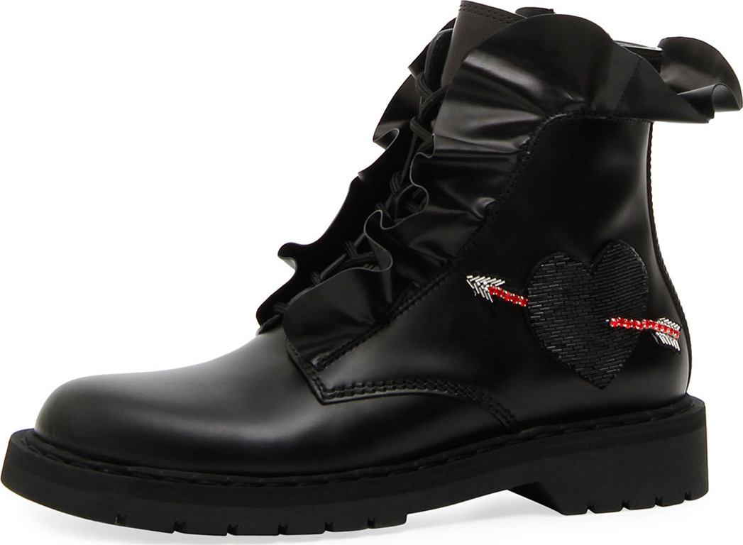 Valentino Love Calf Leather Combat Boot with Ruffles & Heart
