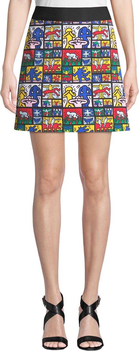 Alice + Olivia Keith Haring x Alice + Olivia Riley Wide-Waistband A-Line Short Skirt