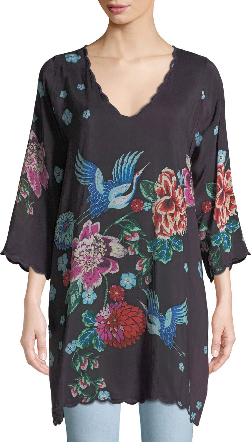 Johnny Was Kota Floral-Print 3/4-Sleeve Tunic