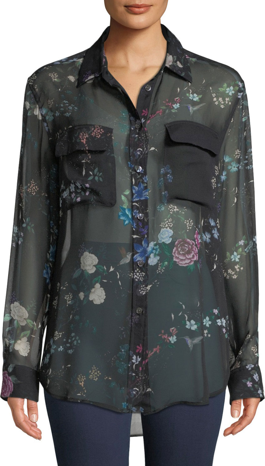 Equipment Button-Front Long-Sleeve Floral-Print Sheer Silk Blouse
