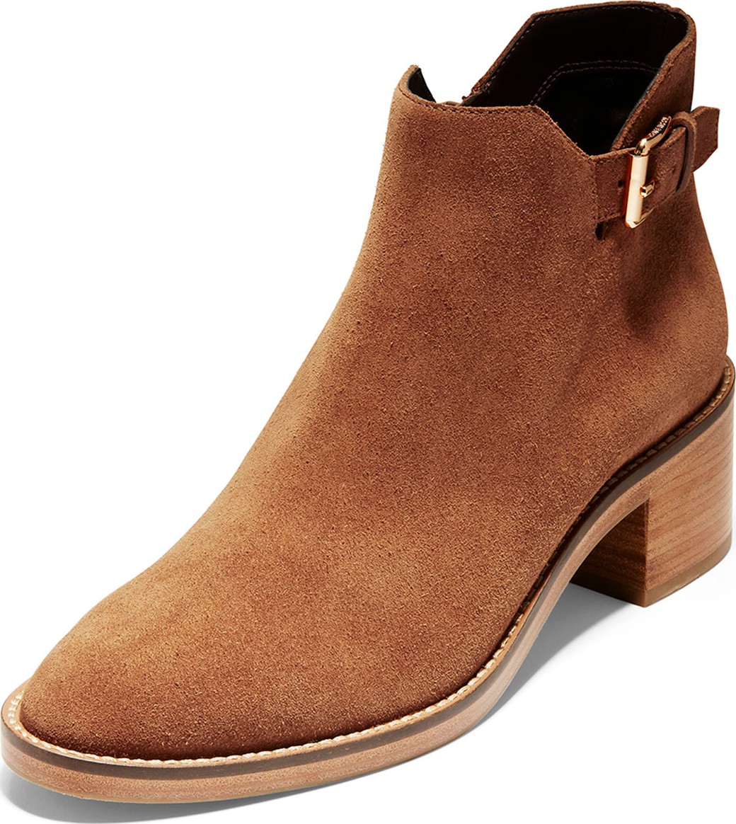 Cole Haan Harrington Grand 360 Low-Heel Suede Buckle Booties, British Tan