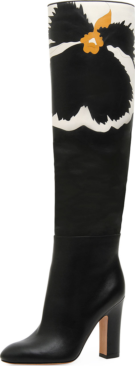 Valentino Pansy Bloom Leather Knee Boots