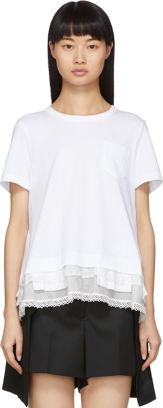 Sacai White Lace Ruffle T-Shirt