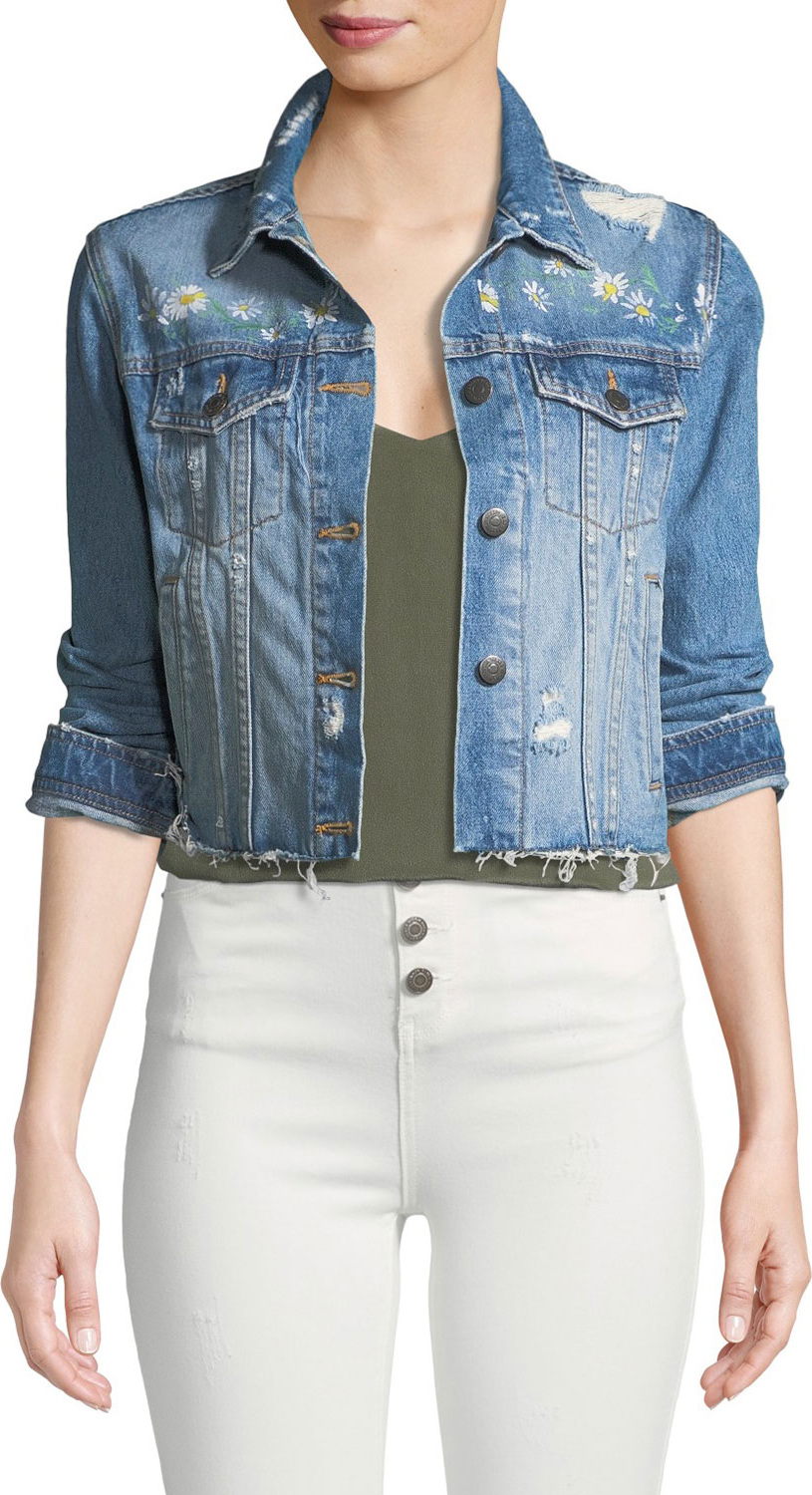 Veronica Beard Cara Distressed Floral Denim Cutoff Jacket