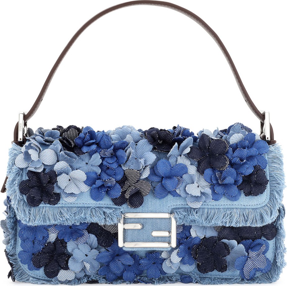 Fendi Baguette Denim Flowers Shoulder Bag, Denim