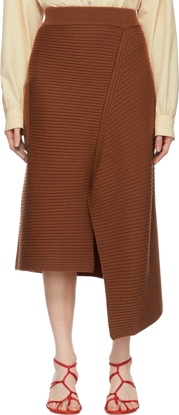 Tibi Brown Merino Rib Origami Slit Skirt