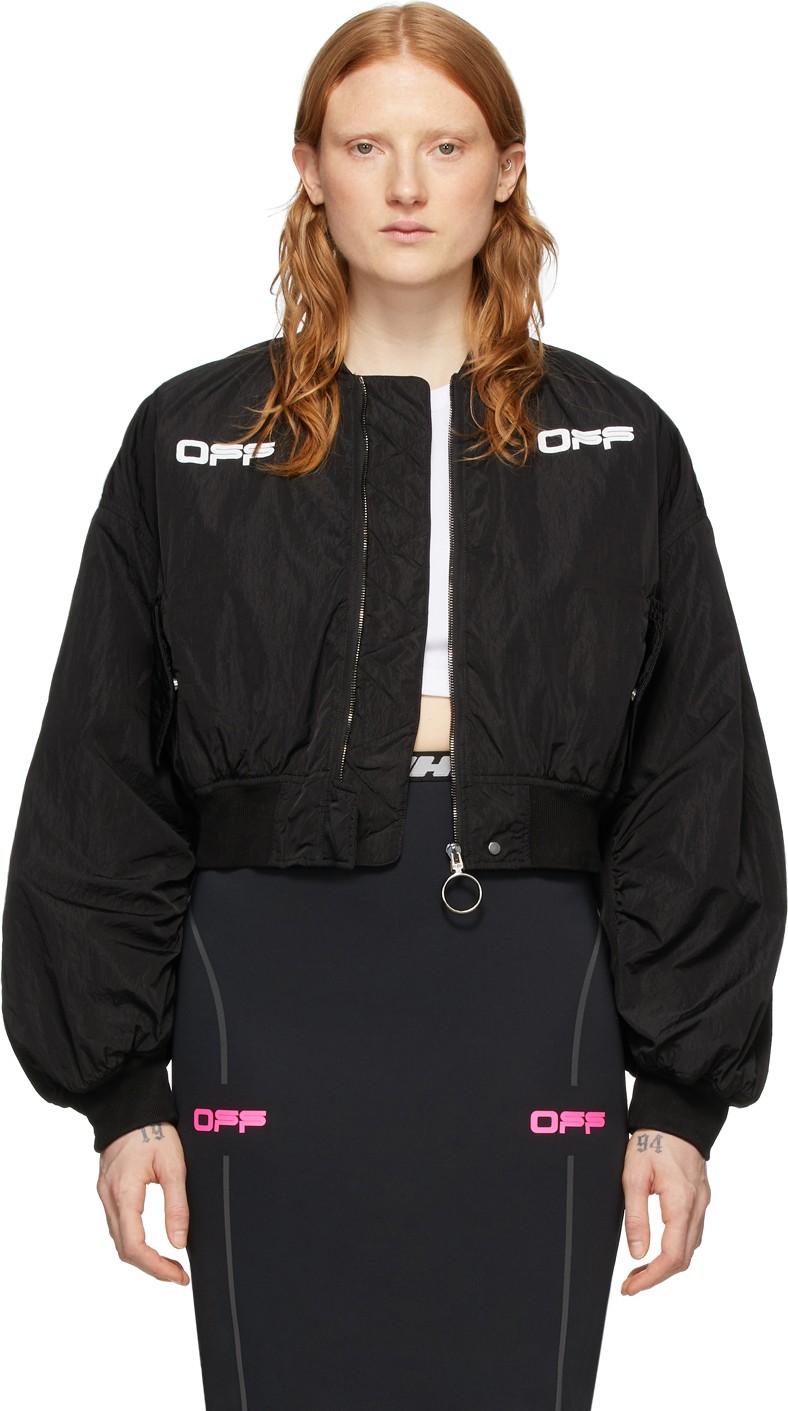 Off White Black Cropped Varsity Bomber Jacket