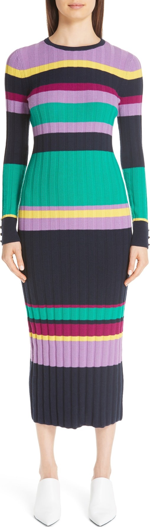 Lela Rose Ribbed Stripe Merino Wool Sweater Dress