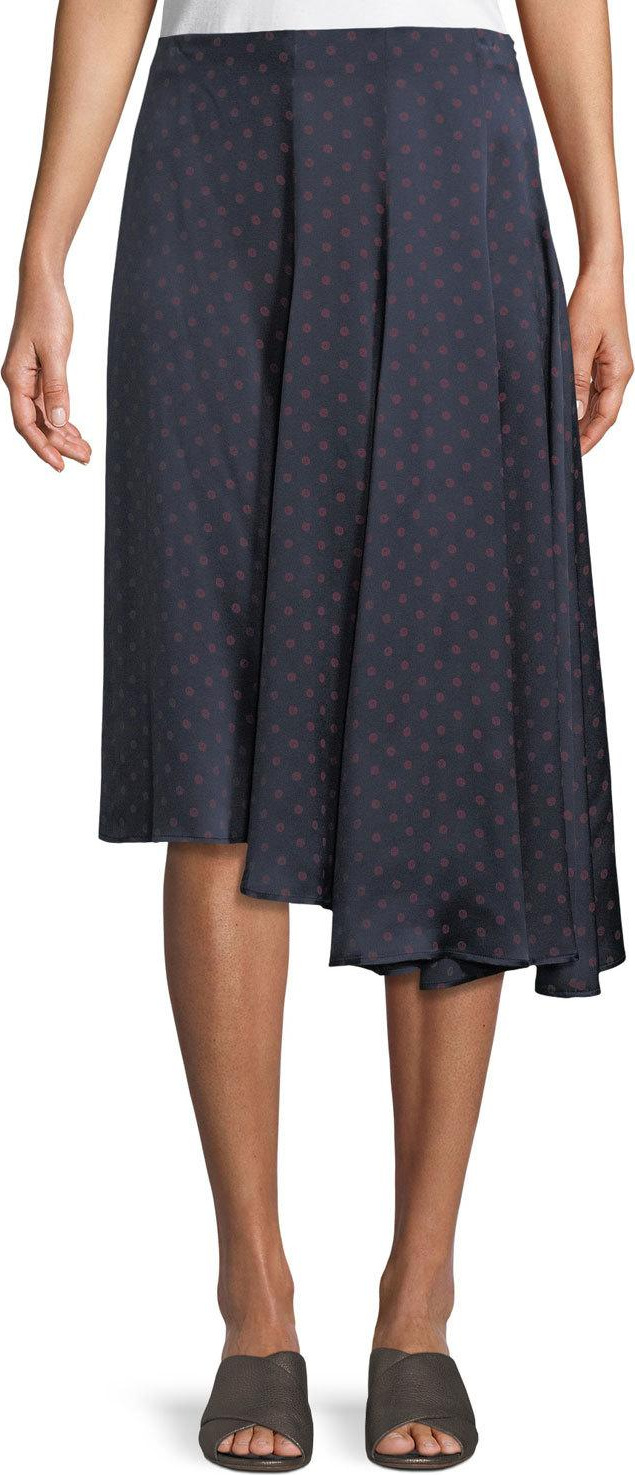 Vince Dot-Print Foulard Asymmetric Pleated Silk Skirt