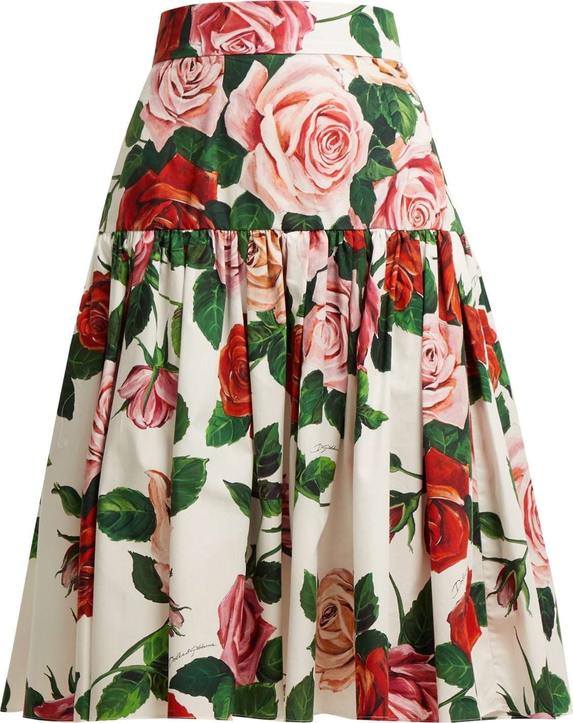Dolce & Gabbana Rose-print cotton-poplin midi skirt