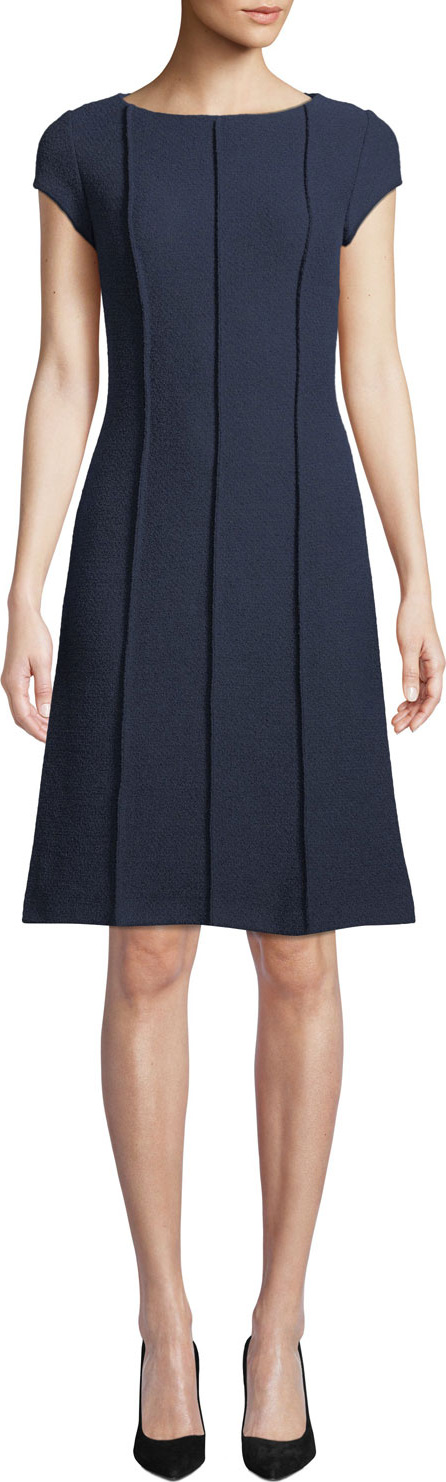 St. John Ana Bateau-Neck Cap-Sleeve Boucle Knit A-Line Dress