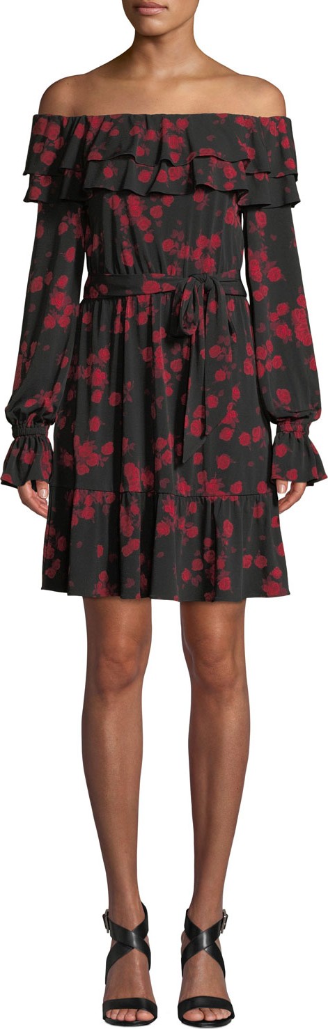 MICHAEL MICHAEL KORS Rose-Print Off-the-Shoulder Dress MICHAEL MICHAEL KORS Rose-Print Off-the-Shoulder Dress
