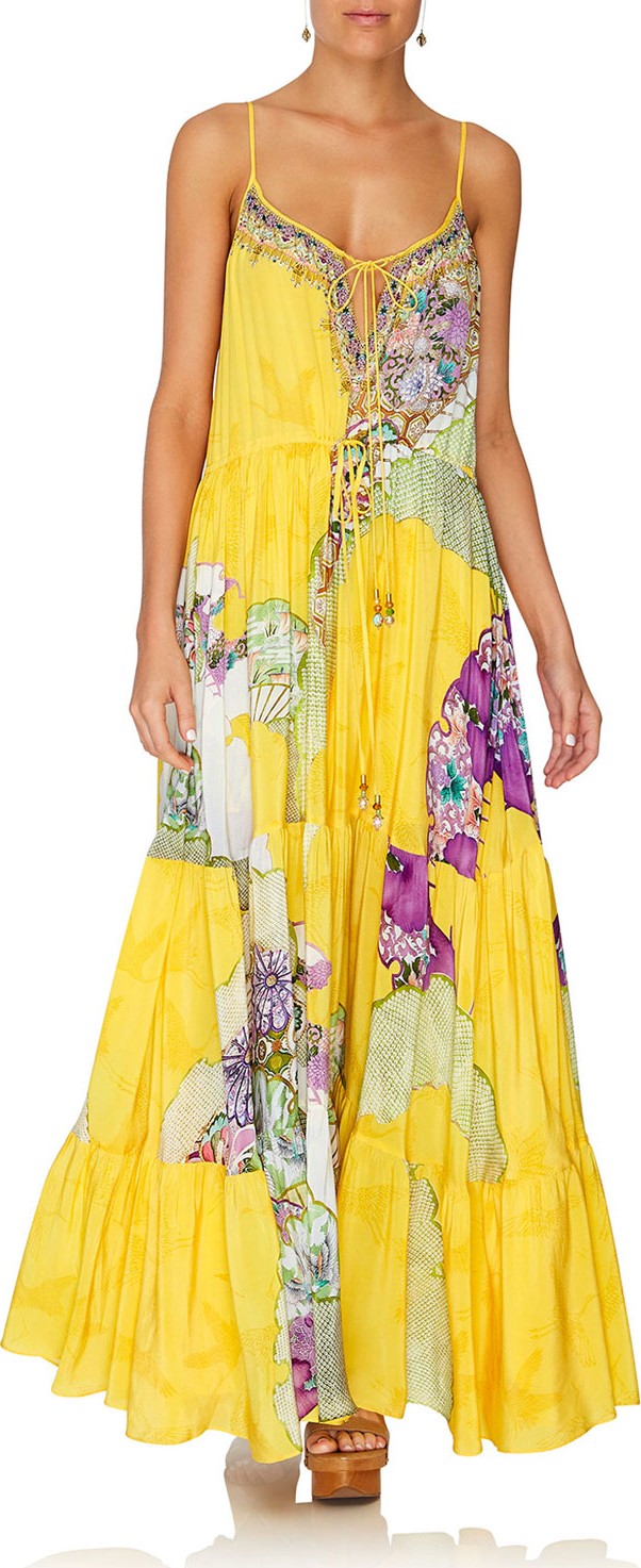 Camilla Printed Tie-Front Silk Tiered Maxi Dress