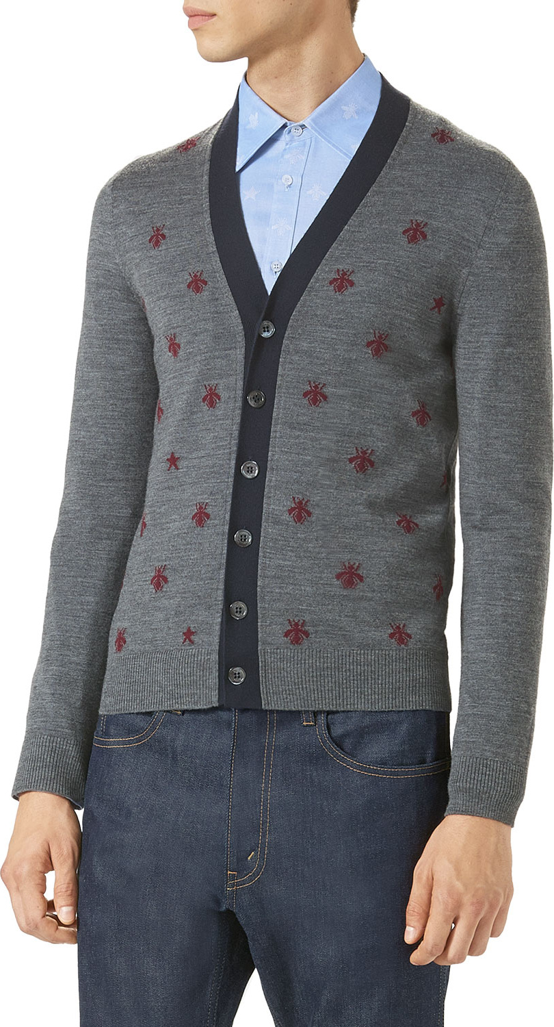 Gucci Wool Cardigan w/Bees & Stars, Gray