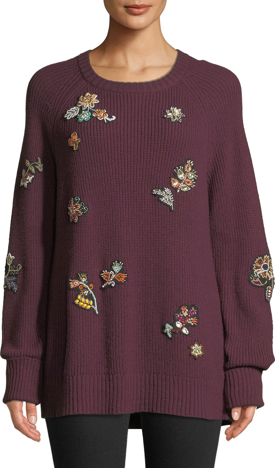 Cinq A Sept Tania Embroidered Scoop-Neck Sweater