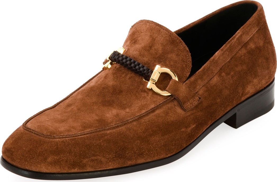 Salvatore Ferragamo Men's Suede Braided Gancini Loafer, Brown