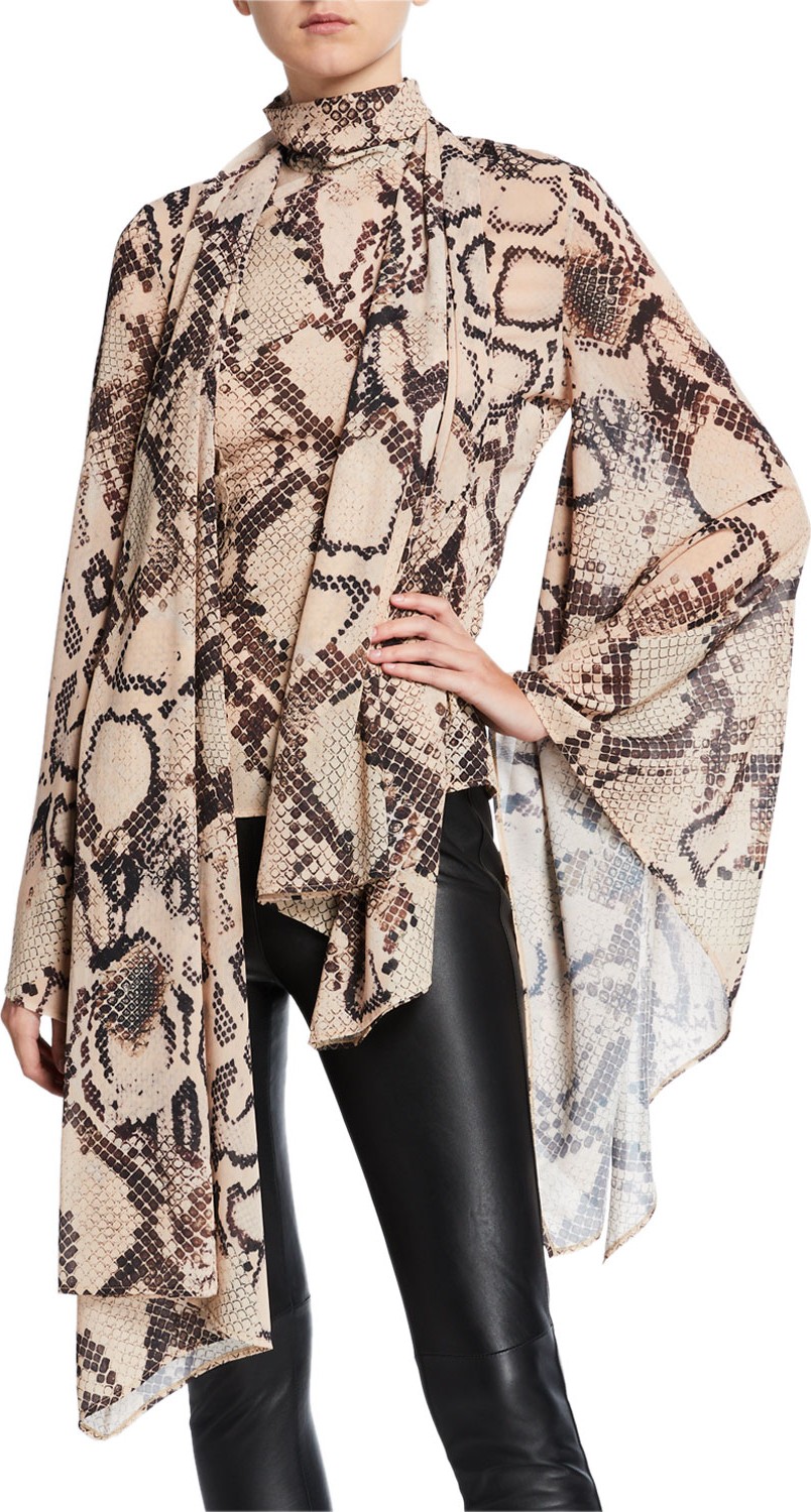 Solace London Ali Tie-Neck Snake-Print Long-Sleeve Top