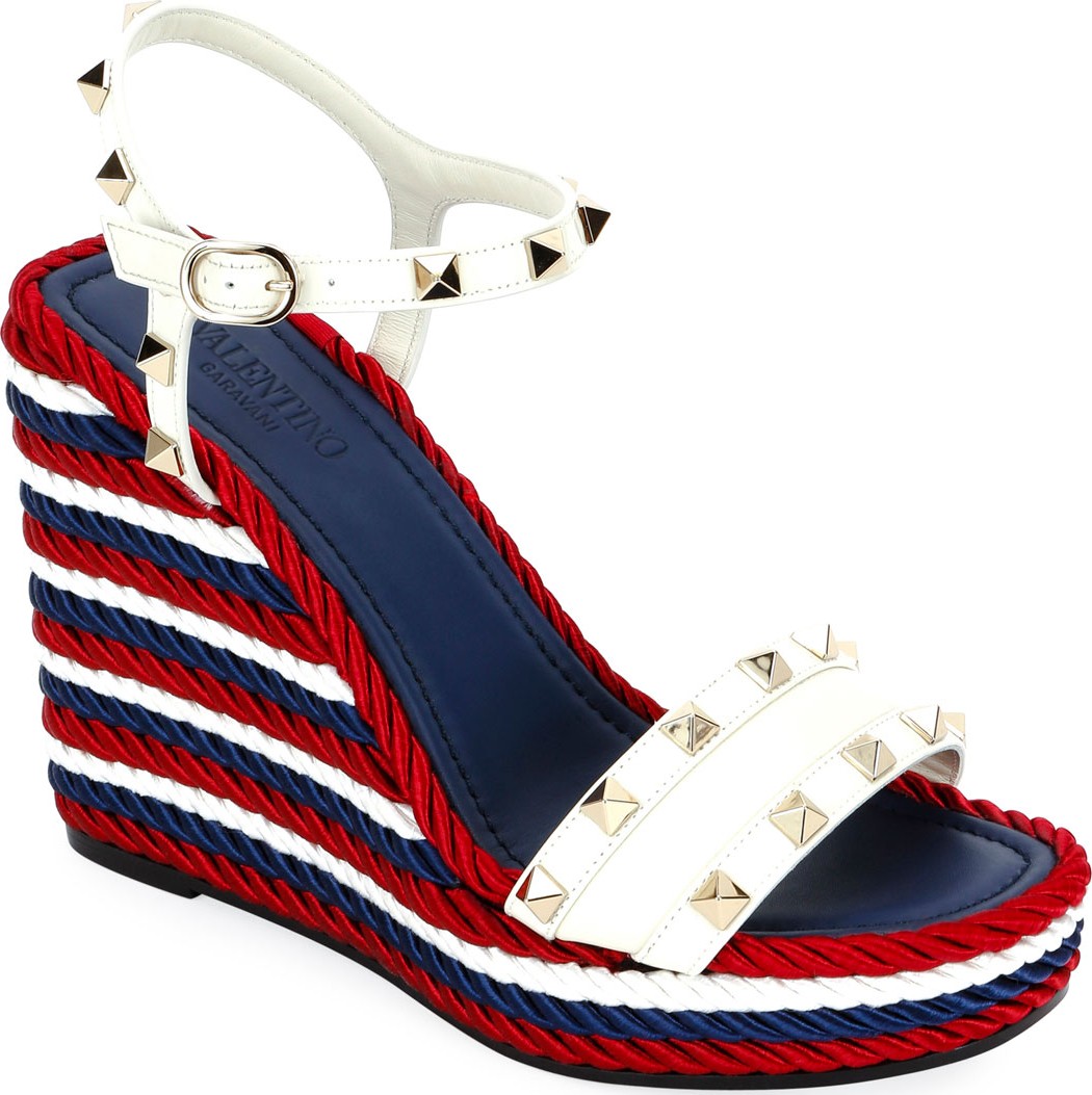 Valentino Rockstud Leather Torchon Wedge Sandals