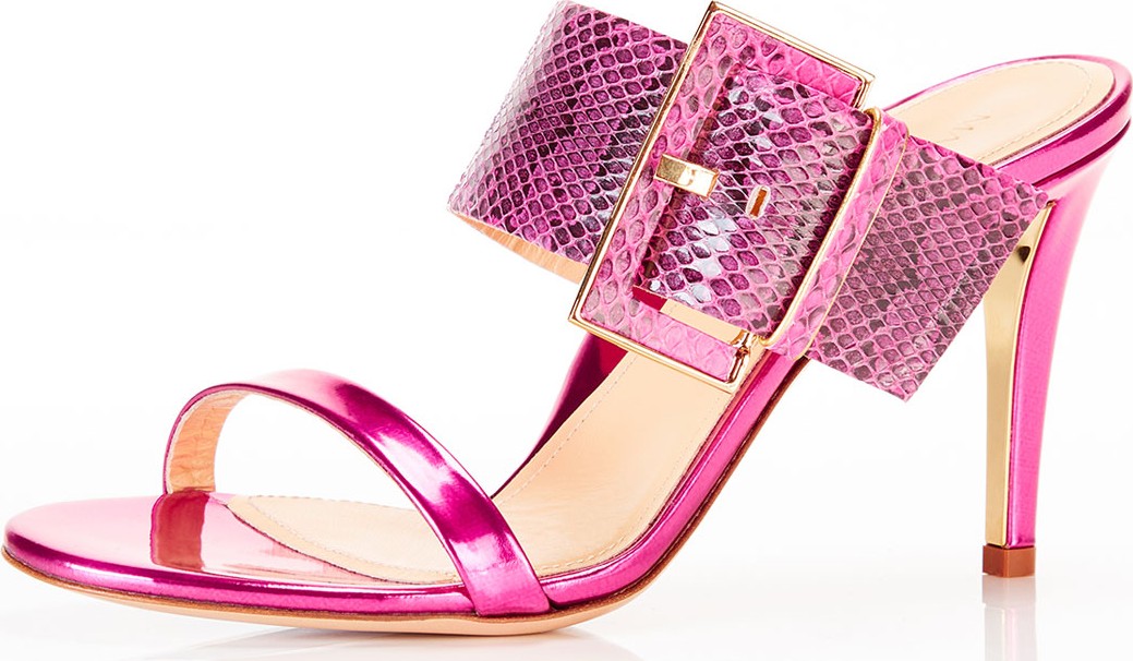 Marion Parke Lilith Metallic Snakeskin Buckle Slide Sandals