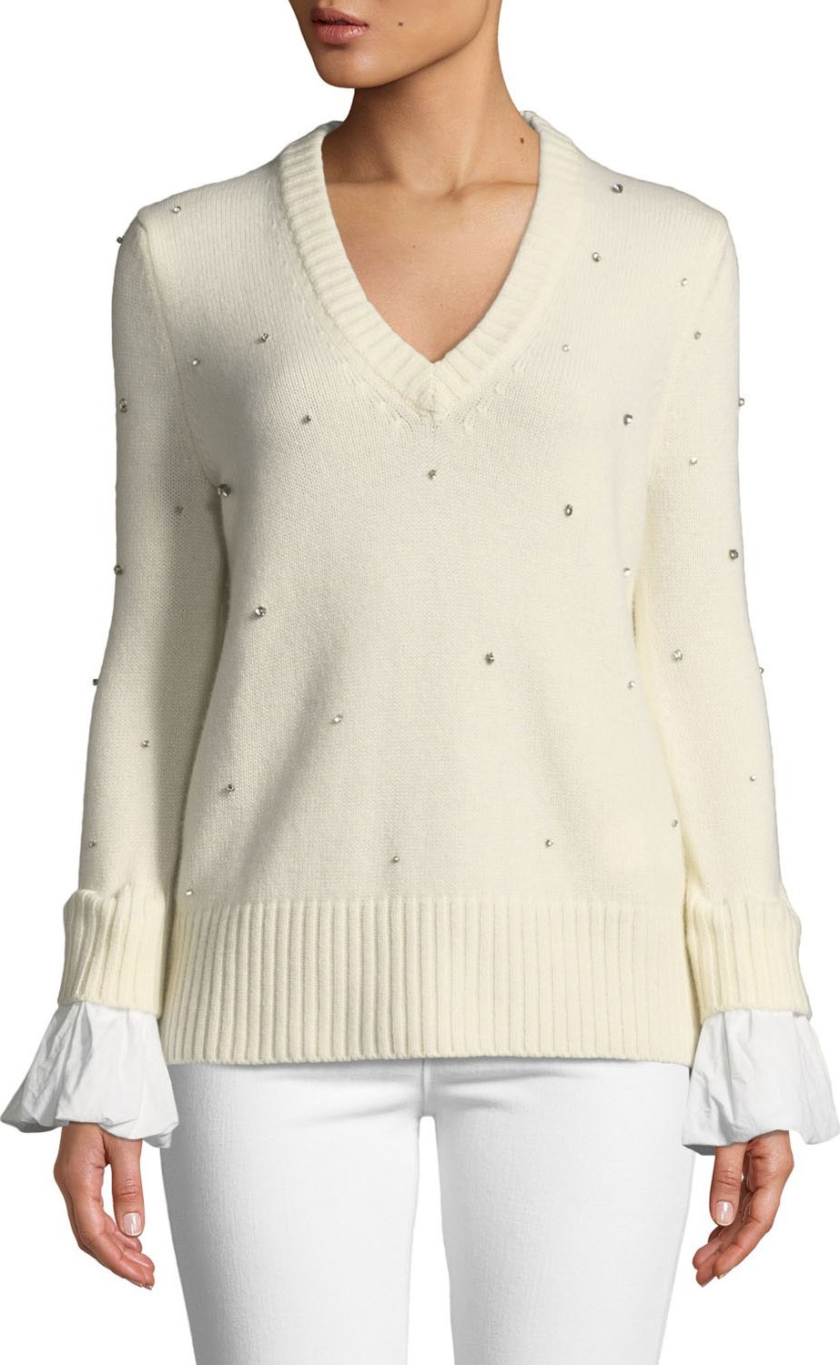 Johanna Ortiz Cashmere Crystal V-Neck Flare-Sleeve Sweater