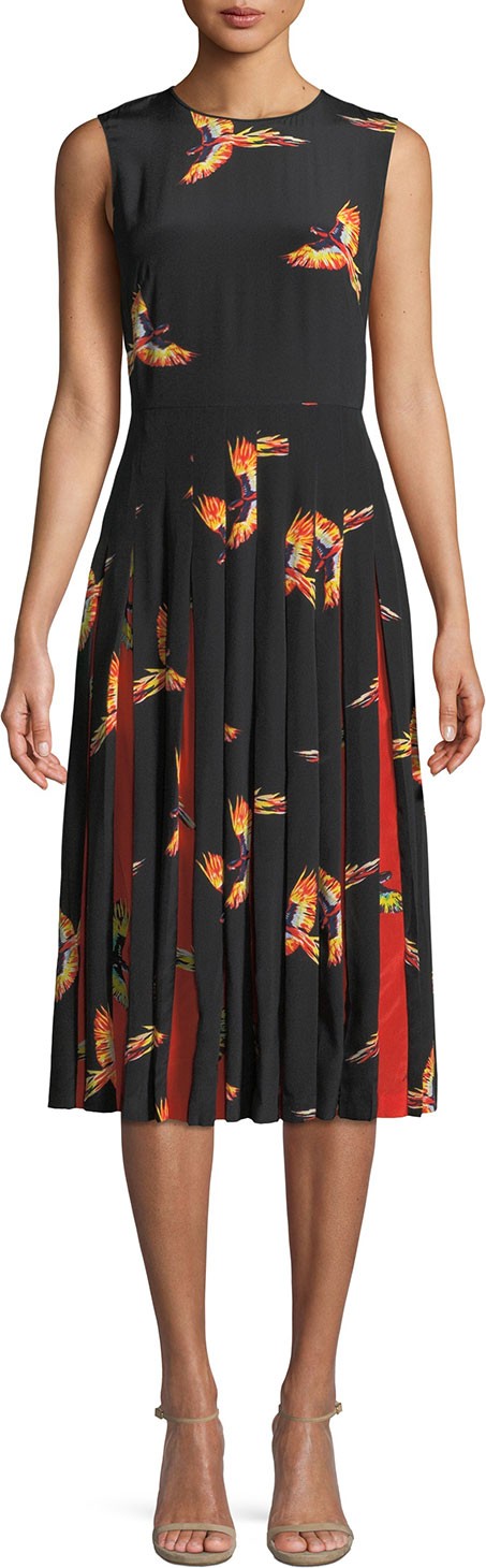 DIANE von FURSTENBERG Talita Bird-Print Silk Pleated Sleeveless Dress