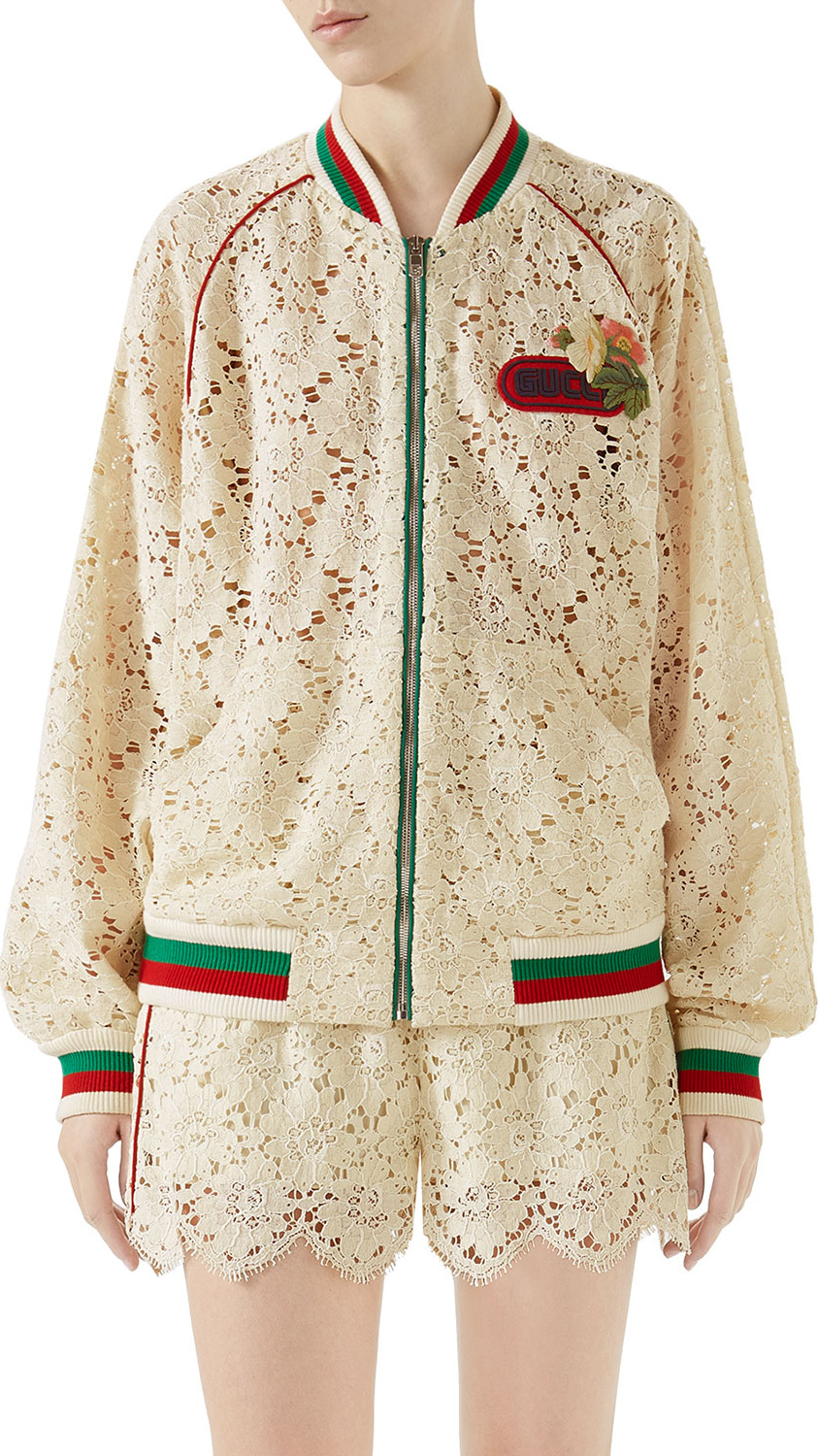 Gucci Leaf-Brocade Lace Zip-Front Bomber Jacket with Embroidered Patch