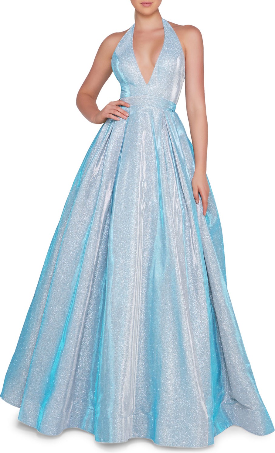 Ieena for Mac Duggal Halter V-Neck Metallic Full-Skirt Ball Gown