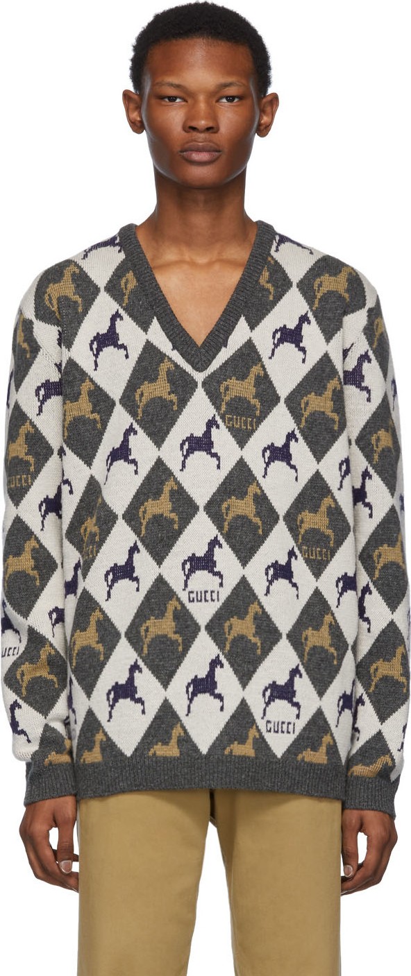 Gucci Beige & Grey Horse Jacquard Knit Sweater