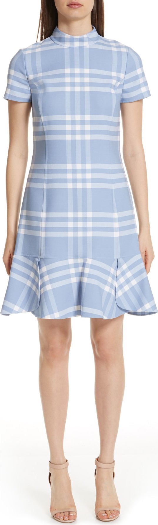 Oscar De La Renta Checkered Ruffle Hem Stretch Wool Dress