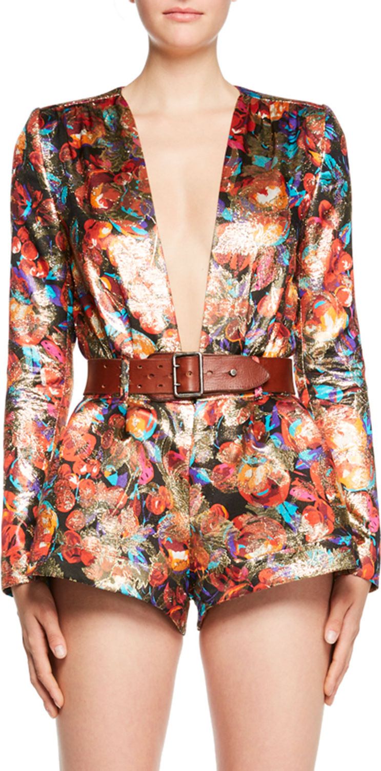 Saint Laurent Deep-V Long-Sleeve Floral-Brocade Romper