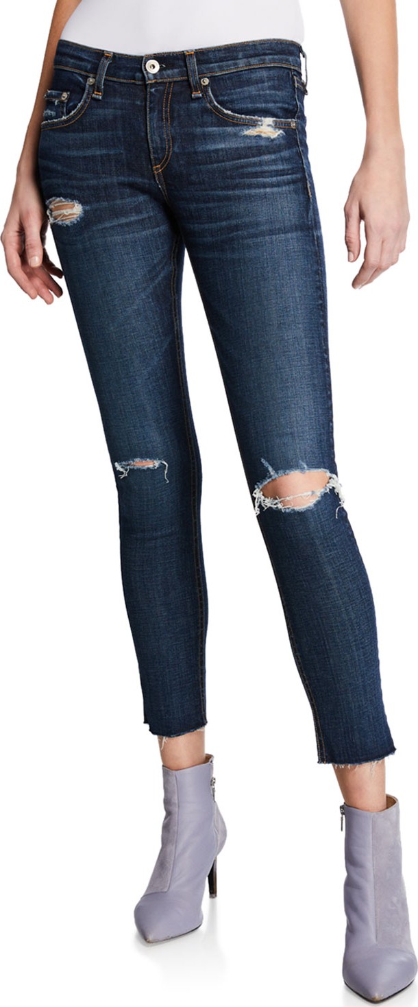 Rag & Bone Mid-Rise Cropped Ankle Skinny Jeans with Holes