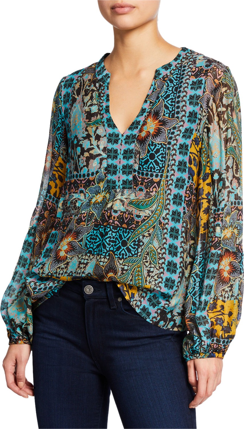 Nanette Lepore Patchwork V-Neck Long-Sleeve Top