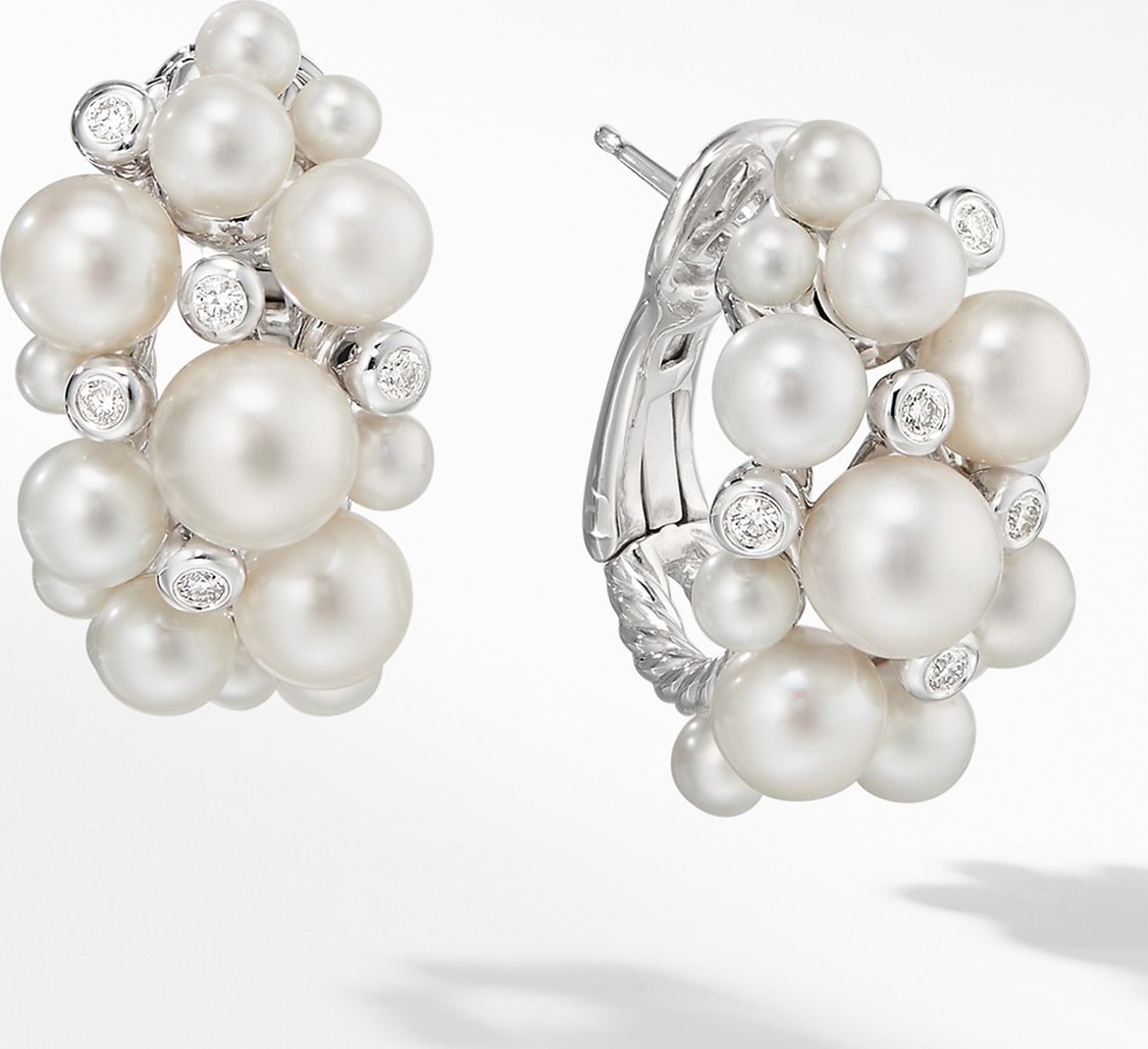 David Yurman Large Pearl Cluster Hoop Earrings with Diamonds