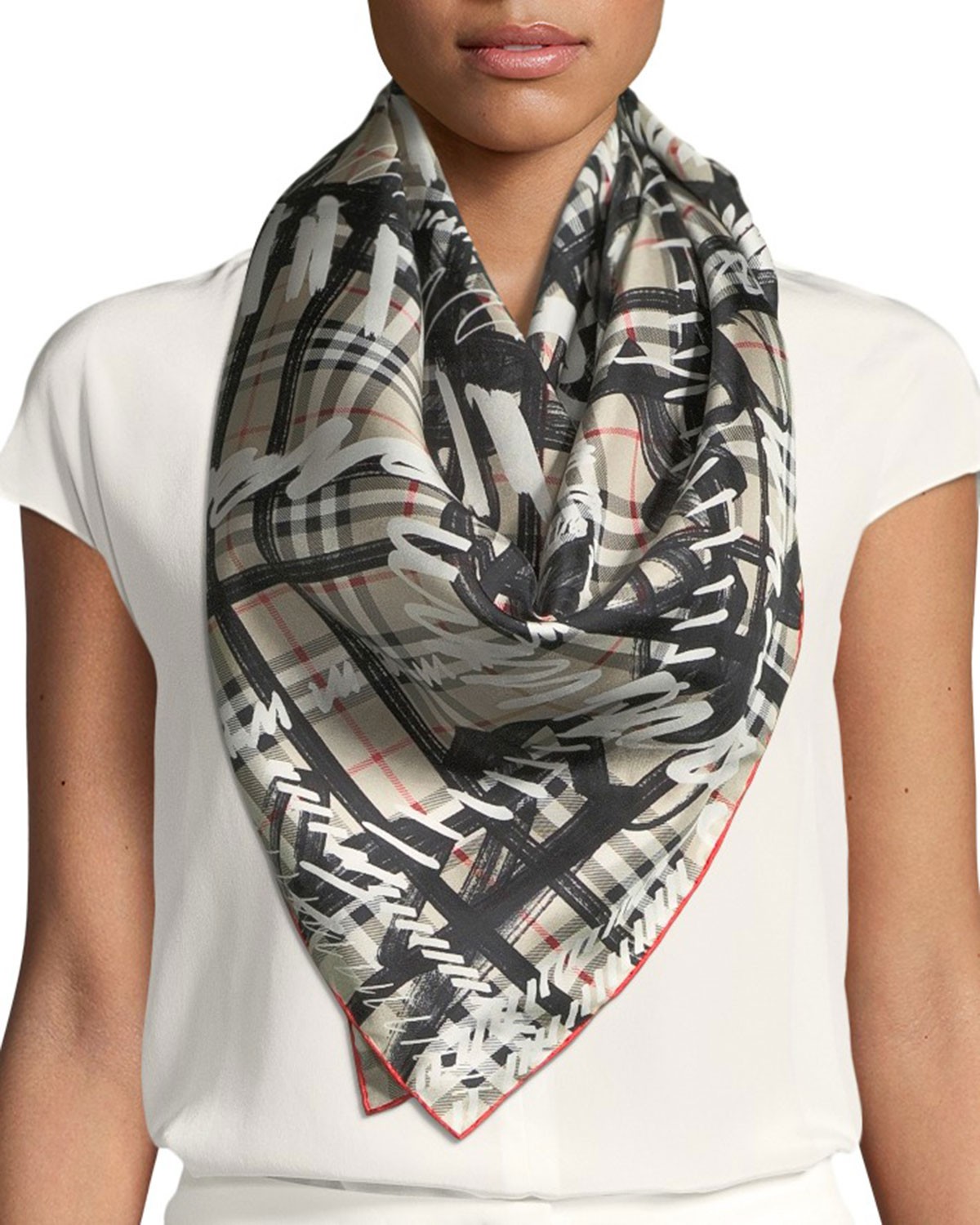 Burberry London England Silk Twill Scribble Vintage Check Scarf Burberry London England Silk Twill Scribble Vintage Check Scarf