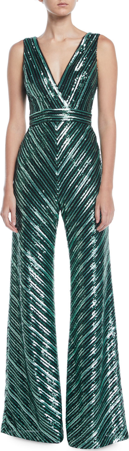 Theia V-Neck Sleeveless Sequin Stripe Jumpsuit
