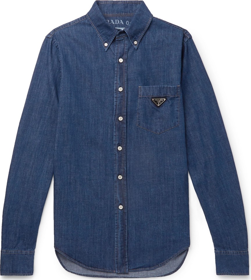 Prada Slim-Fit Button-Down Collar Logo-Appliquéd Denim Shirt