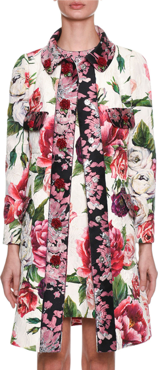Dolce & Gabbana Long-Sleeve Rose Peony Jacquard Brocade Coat