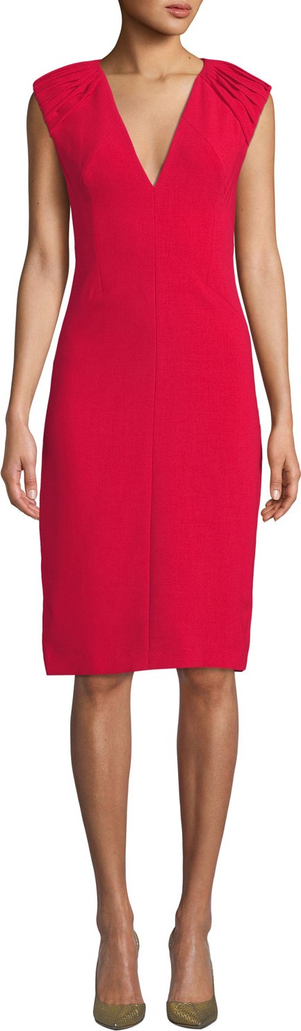HALSTON HERITAGE Sleeveless V-Neck Crepe Sheath Dress With Shoulder Detail