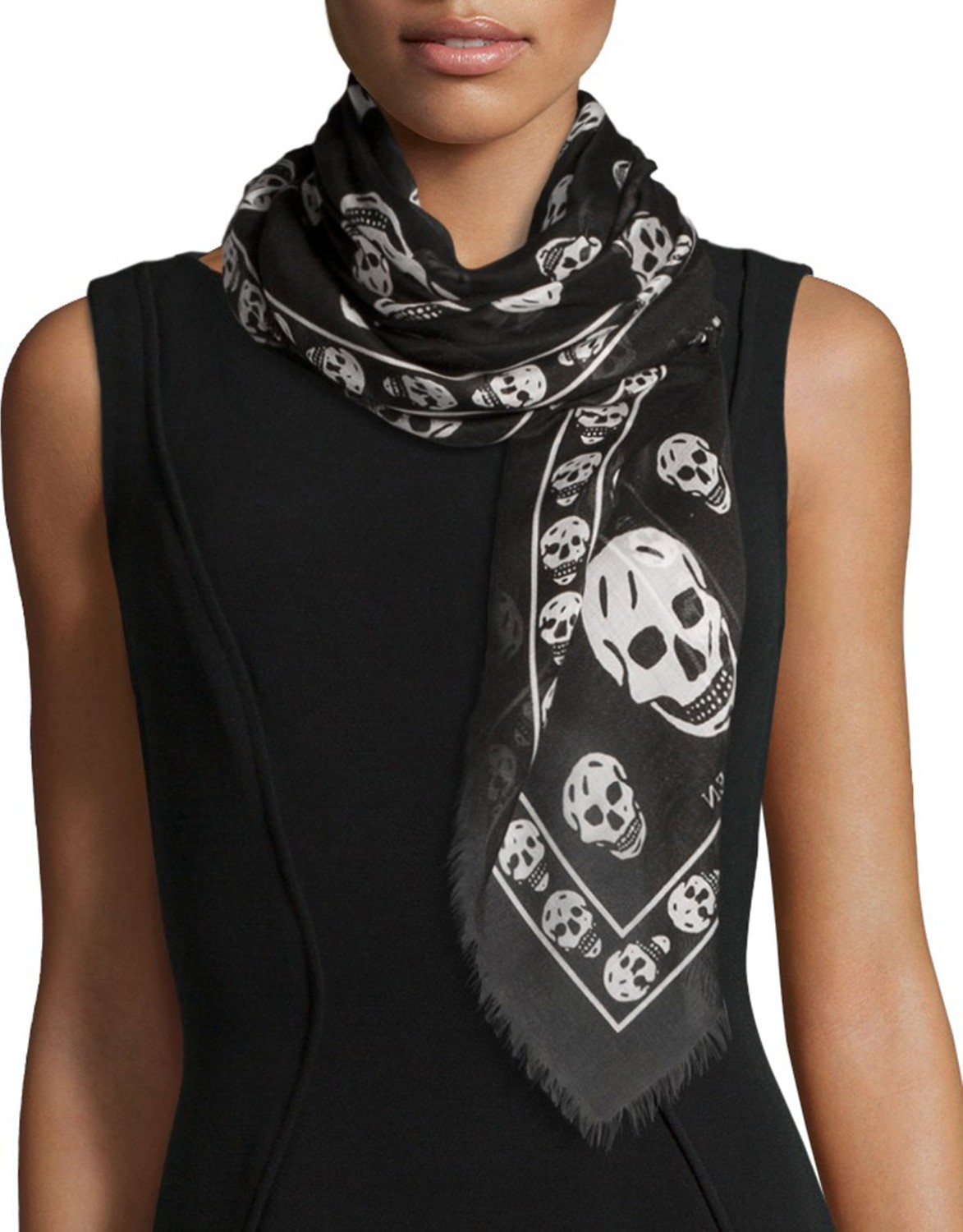 Alexander McQueen Skull Print Fringe-Edge Scarf, Black/White