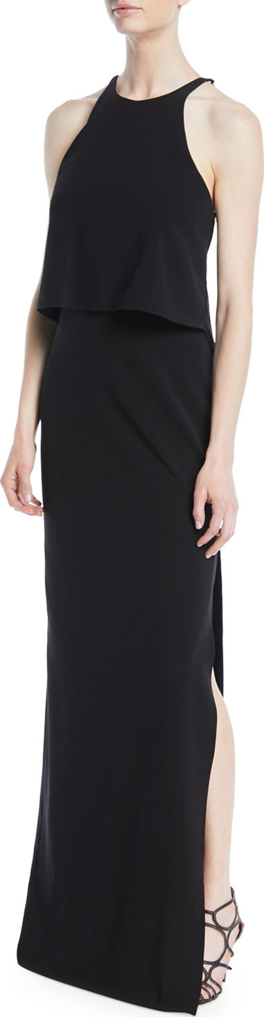 HALSTON HERITAGE High-Neck Gown w/ Draped Ruffle Back