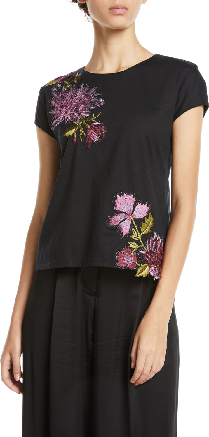 Josie by Natori Crewneck Short-Sleeve Floral-Embroidered Supima Cotton Tee