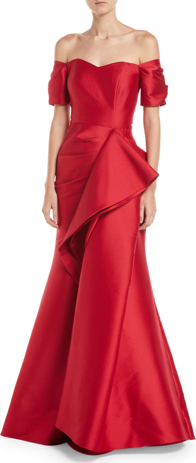 Badgley Mischka Off-the-Shoulder Gown w/ Dramatic Ruffle