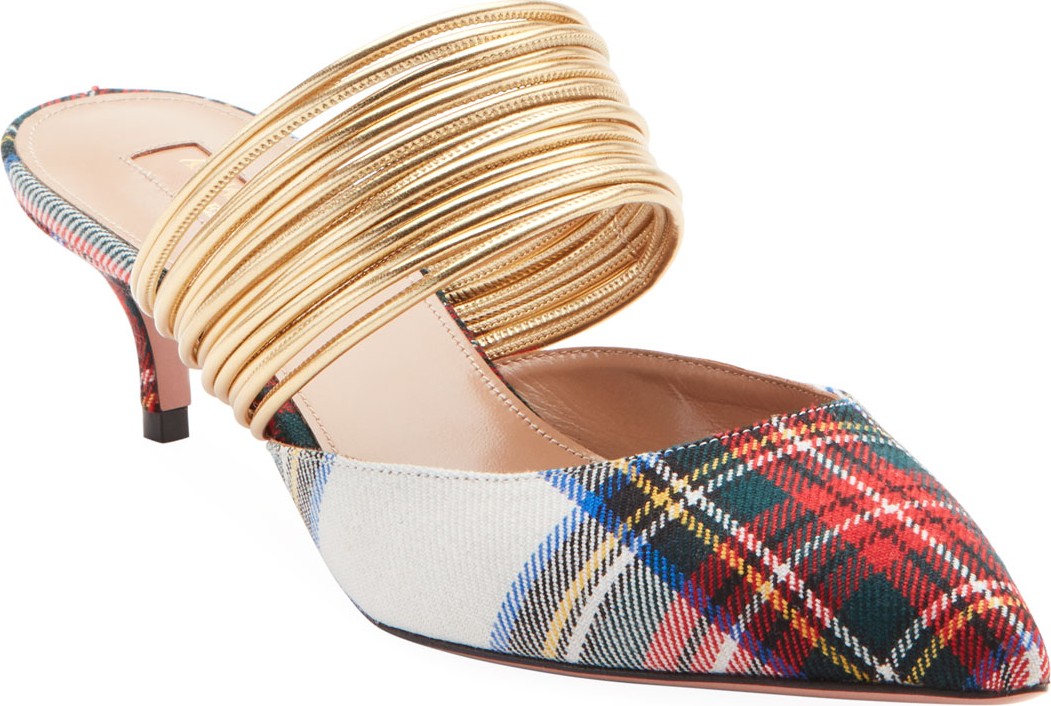 Aquazzura Rendez Vous Strappy Tartan Kitten-Heel Mules