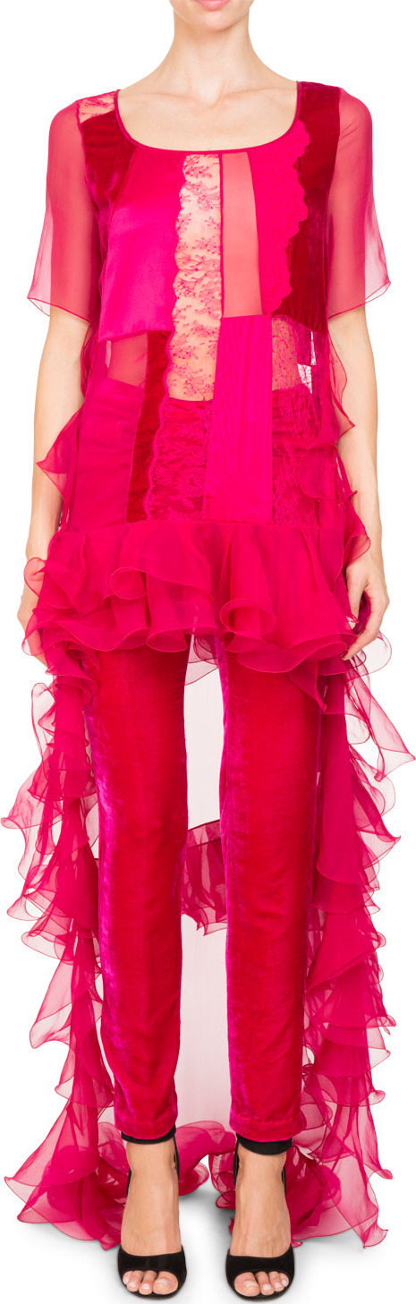 Givenchy High-Low Short-Sleeve Ruffled Chiffon Lace Cocktail Dress